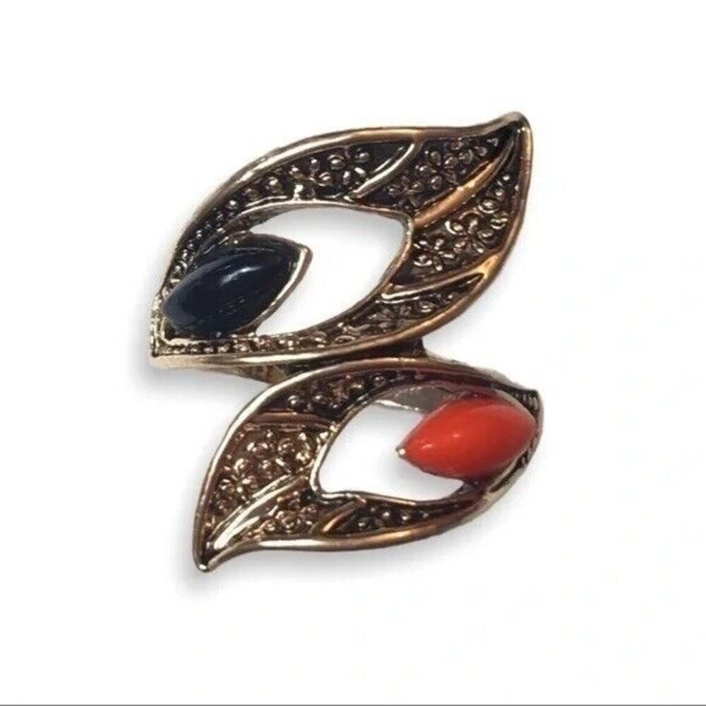 Vintage Ring Size 8.5 Gold Tone Orange Black Rhinestones Calla Lily